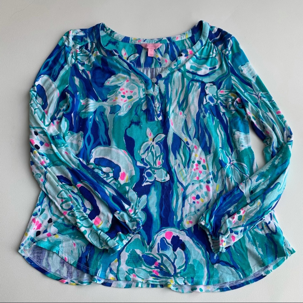 Lilly Pulitzer Lilias Top Tunic Aquatic Garden Size Small Long Sleeve